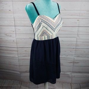 Vanity Halter Dress Navy Blue Lace Bottom Aztec Print Top Women's Size Medium